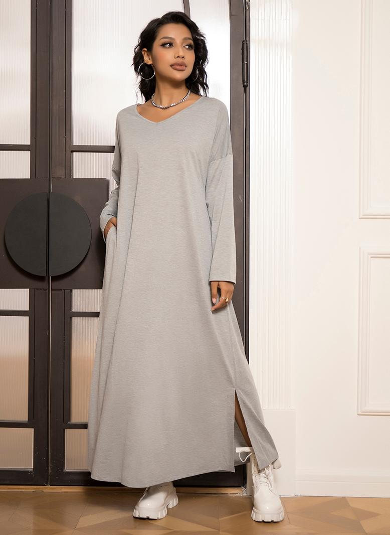 فرايديين كاجول طوق على شكل V اللون الصامد جيب كم منتظم فساتين طويلة رمادي - Image 4