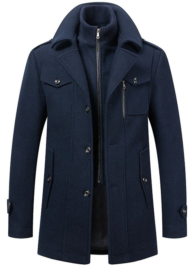 Loquat Men's Wool Blend Coat Windbreaker Trench Soft Warm Coat Navy Blue  - Image 1