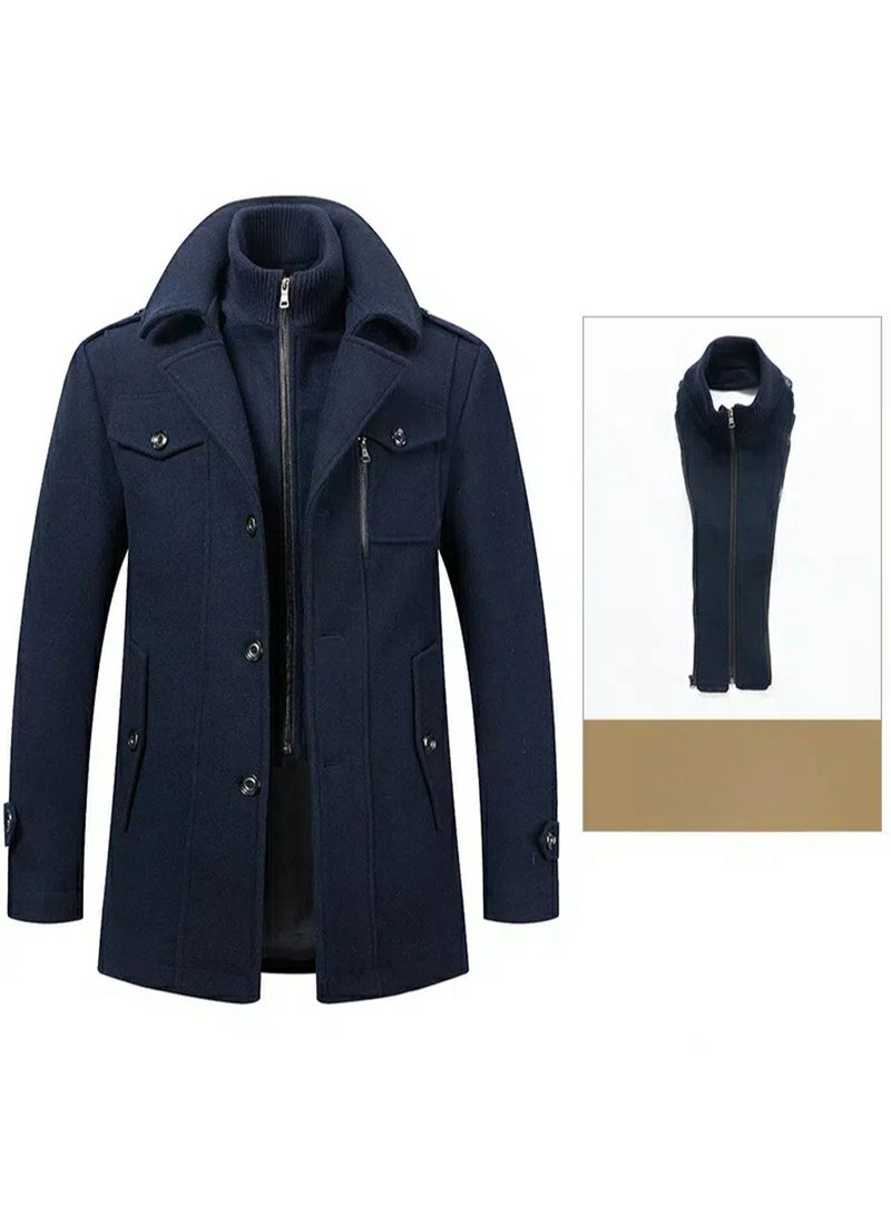 Loquat Men's Wool Blend Coat Windbreaker Trench Soft Warm Coat Navy Blue  - Image 3