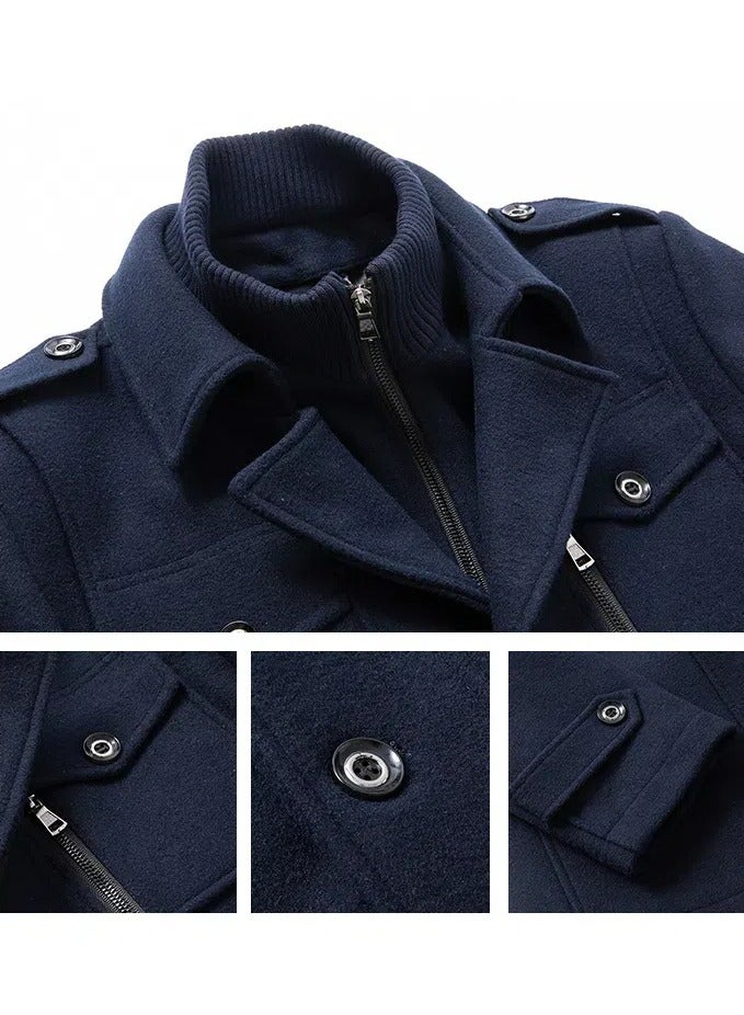 Loquat Men's Wool Blend Coat Windbreaker Trench Soft Warm Coat Navy Blue  - Image 5