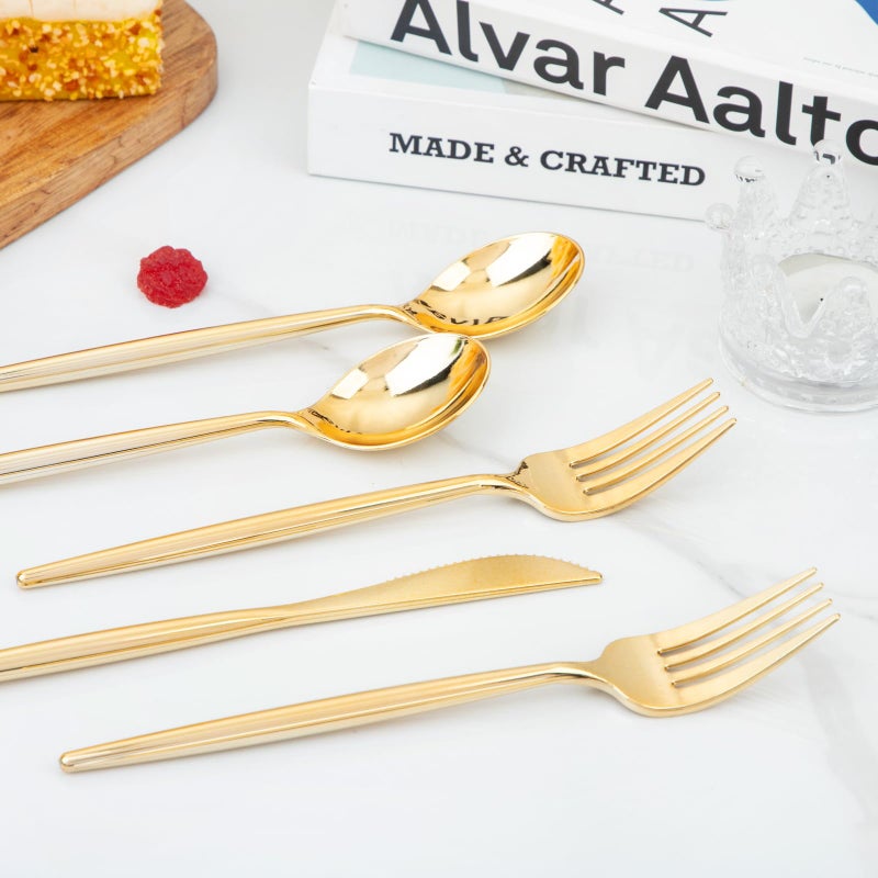 U-QE 120Pcs Gold Plastic Silverware  Luxury Gold Plastic Cutlery  Heavy Weight Plastic Flatware  Gold Disposable Utensils Set Include 60 Gold Forks  30 Gold Spoons 30 Gold Knives for Party - Image 3