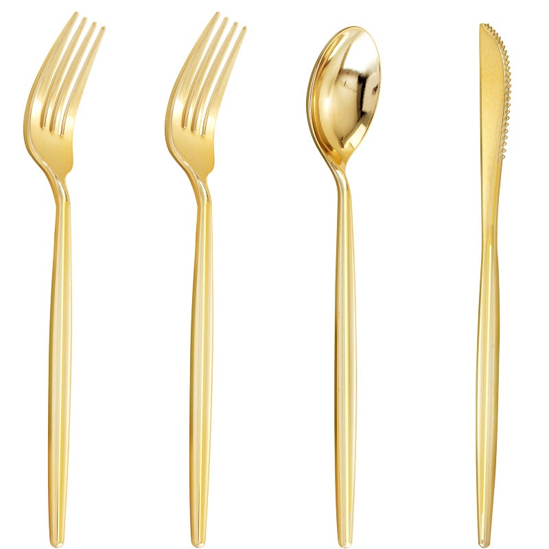 U-QE 120Pcs Gold Plastic Silverware  Luxury Gold Plastic Cutlery  Heavy Weight Plastic Flatware  Gold Disposable Utensils Set Include 60 Gold Forks  30 Gold Spoons 30 Gold Knives for Party - Image 1