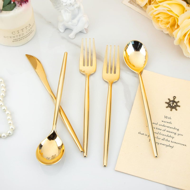 U-QE 120Pcs Gold Plastic Silverware  Luxury Gold Plastic Cutlery  Heavy Weight Plastic Flatware  Gold Disposable Utensils Set Include 60 Gold Forks  30 Gold Spoons 30 Gold Knives for Party - Image 4