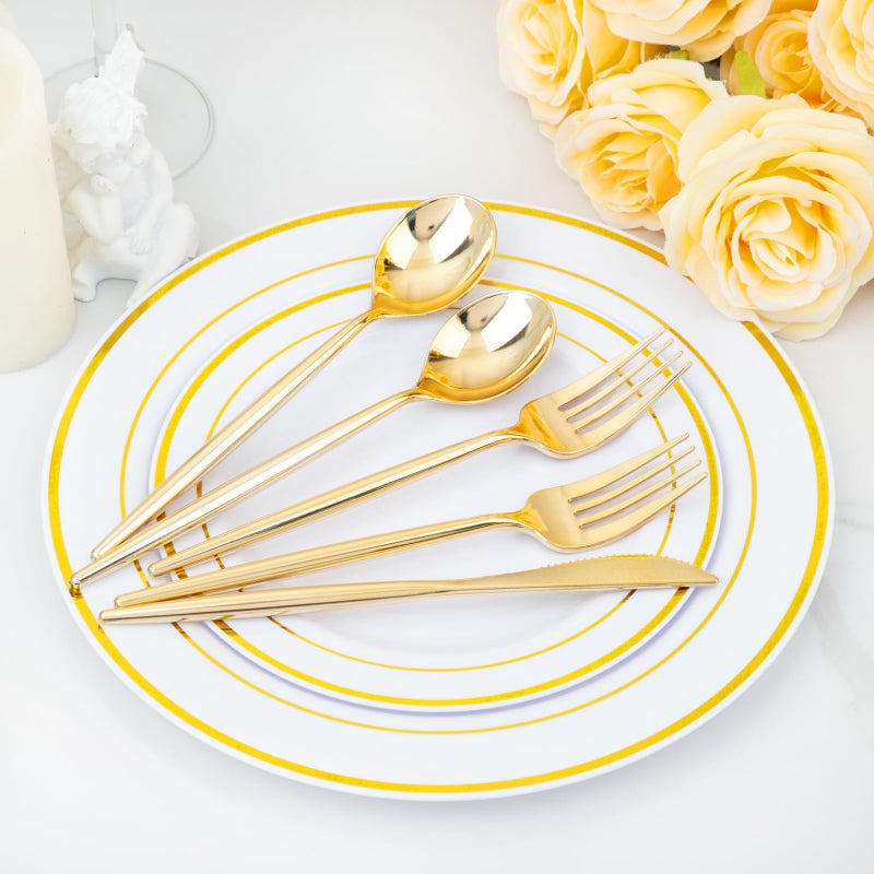 U-QE 120Pcs Gold Plastic Silverware  Luxury Gold Plastic Cutlery  Heavy Weight Plastic Flatware  Gold Disposable Utensils Set Include 60 Gold Forks  30 Gold Spoons 30 Gold Knives for Party - Image 5