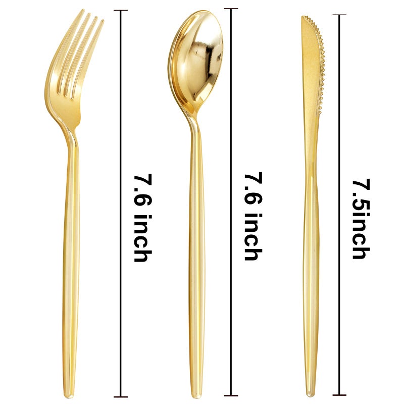 U-QE 120Pcs Gold Plastic Silverware  Luxury Gold Plastic Cutlery  Heavy Weight Plastic Flatware  Gold Disposable Utensils Set Include 60 Gold Forks  30 Gold Spoons 30 Gold Knives for Party - Image 2