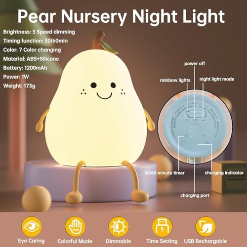 DotCom Kids Night Light Lamp | Rechargeable LED Bedside for Children's Bedroom | Ideal Gift for Boys, Girls, Toddlers, and Nursery (Cute pear lamp) - Image 3