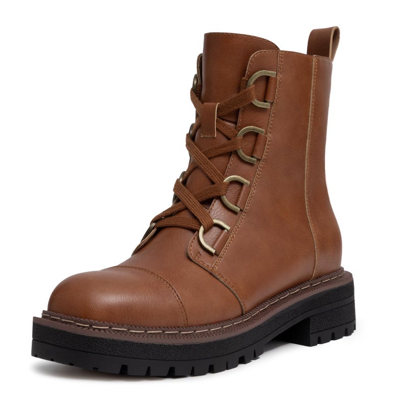 Athlefit Women's Brown Combat Ankle Boots Platform Chunky Low Heel Boots Fashion Lug Sole Lace Up Booties Size 8.5 - Image 1