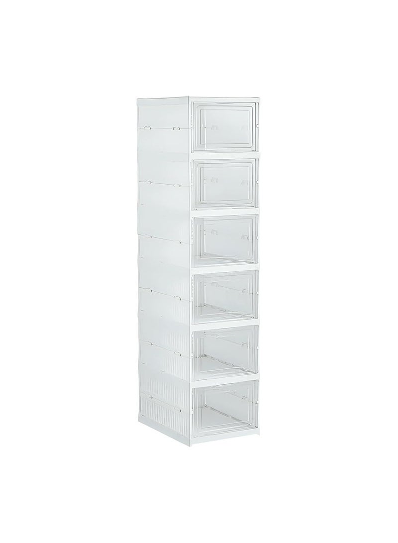 TOMVAES Shoe Organizer Storage Box, 6 Layers Foldable Shoe Storage Boxes with Clear Door, Sturdy Clear Plastic Stackable Cube Shelf Organization, Space-Saving Shoe Rack 