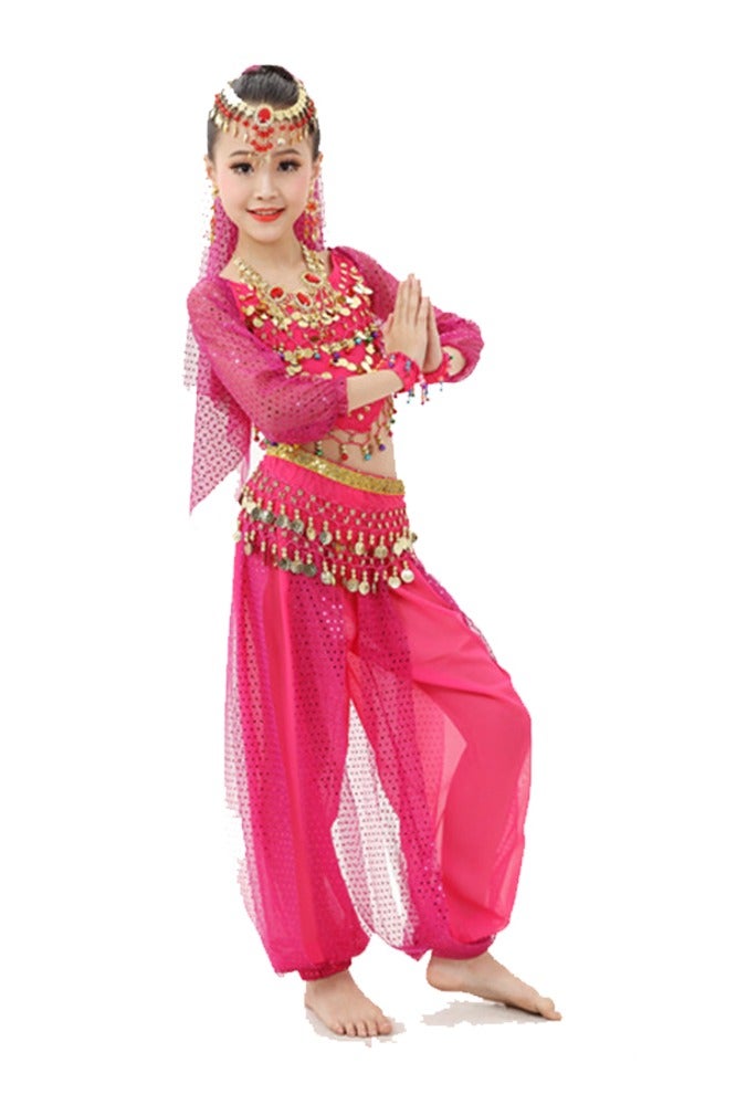 ال_اوياما زي رقص شرقي هندي للأطفال، طقم مكون من بلوزة بأكمام قصيرة مزينة بالترتر اللامع وبنطلون لامع، زي مسرحي تقليدي للفتيات لمرحلة رياض الأطفال، ملابس أداء للأطفال لعرض الأول من يونيو - Image 2