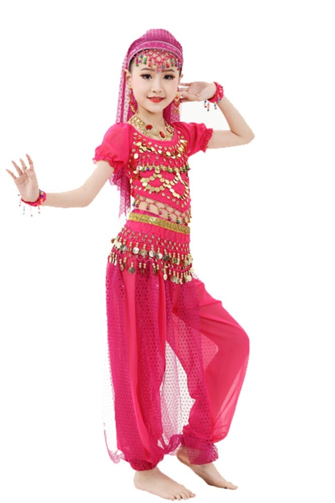 ال_اوياما زي رقص شرقي هندي للأطفال، طقم مكون من بلوزة بأكمام قصيرة مزينة بالترتر اللامع وبنطلون لامع، زي مسرحي تقليدي للفتيات لمرحلة رياض الأطفال، ملابس أداء للأطفال لعرض الأول من يونيو - Image 4