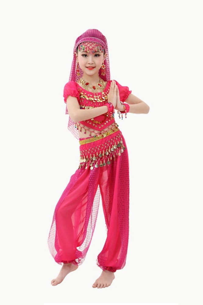 ال_اوياما زي رقص شرقي هندي للأطفال، طقم مكون من بلوزة بأكمام قصيرة مزينة بالترتر اللامع وبنطلون لامع، زي مسرحي تقليدي للفتيات لمرحلة رياض الأطفال، ملابس أداء للأطفال لعرض الأول من يونيو - Image 5