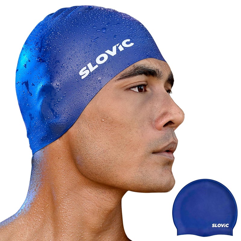 SLOVIC Swimming Cap for Men & Women [Blue] | Swimming Caps for Women with Long Hair | Swimming Accessories for Men & Women | Unisex & Waterproof Silicon Cap to Prevent Chemical Damage | Free Size - Image 1