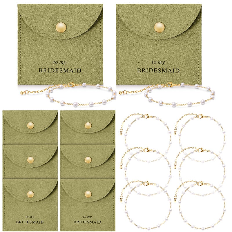 Quelay 16 Pcs Jewelry Bridesmaid Gift Pearl Bracelet Microfiber Jewelry Bag Pouch Set of 8 for Wedding Bridal Party FavorGreenness GoldButton - Image 2