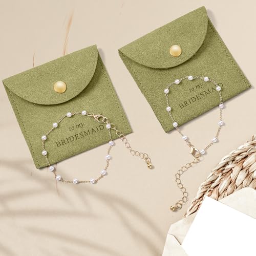 Quelay 16 Pcs Jewelry Bridesmaid Gift Pearl Bracelet Microfiber Jewelry Bag Pouch Set of 8 for Wedding Bridal Party FavorGreenness GoldButton - Image 3