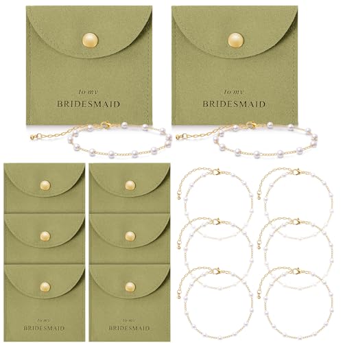 Quelay 16 Pcs Jewelry Bridesmaid Gift Pearl Bracelet Microfiber Jewelry Bag Pouch Set of 8 for Wedding Bridal Party FavorGreenness GoldButton - Image 1