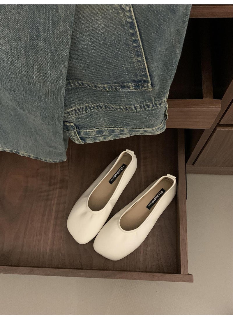 Generic - Womens Ballet Slippers Simple Versatile Soft Leather Soft Sole Milk Sapatoes Square Head Ruffles Evening Wind Single Shoes Bean beige white - Image 1