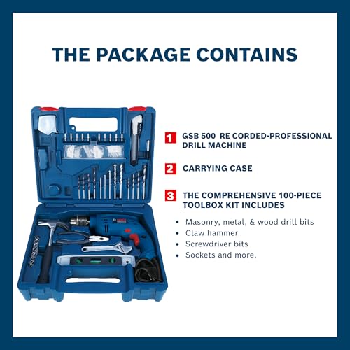 BOSCH Professional GSB 500 RE Corded-Electric Drill Tool Set | 500 W Motor | 100-piece Tools Box Kit | Speed Range upto 2600 RPM | Impact Rate upto 41600 BPM | Chuck Capacity of 10 mm | 1 Yr Warranty - Image 2