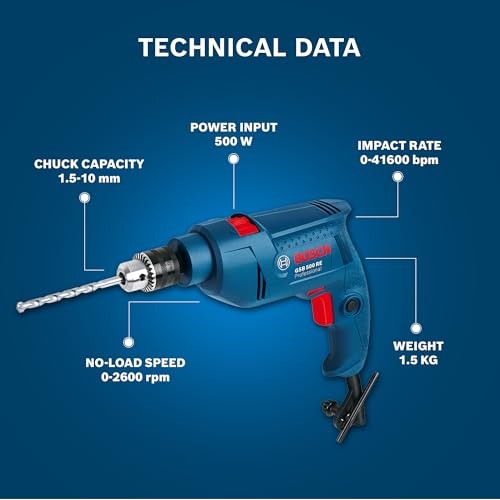 BOSCH Professional GSB 500 RE Corded-Electric Drill Tool Set | 500 W Motor | 100-piece Tools Box Kit | Speed Range upto 2600 RPM | Impact Rate upto 41600 BPM | Chuck Capacity of 10 mm | 1 Yr Warranty - Image 4