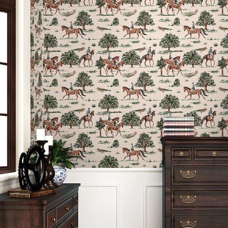 REDAMANCY Boho Modern Equestrian Painting Art Green Tree Horse Vintage Peel and Stick Wallpaper Stick on Contact Paper Vintage Wall Paper Easy Peel Off for nightstand Drawer Cabinet Renter - Image 2