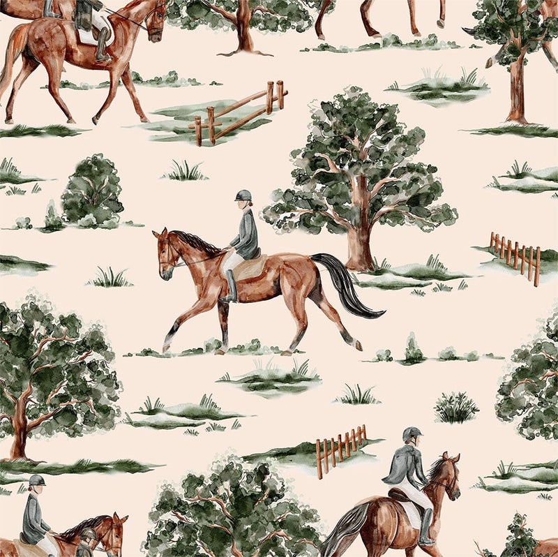 REDAMANCY Boho Modern Equestrian Painting Art Green Tree Horse Vintage Peel and Stick Wallpaper Stick on Contact Paper Vintage Wall Paper Easy Peel Off for nightstand Drawer Cabinet Renter - Image 1