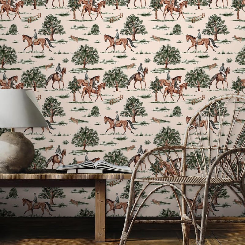 REDAMANCY Boho Modern Equestrian Painting Art Green Tree Horse Vintage Peel and Stick Wallpaper Stick on Contact Paper Vintage Wall Paper Easy Peel Off for nightstand Drawer Cabinet Renter - Image 3