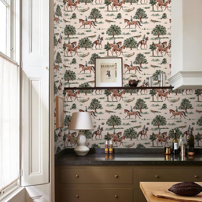 REDAMANCY Boho Modern Equestrian Painting Art Green Tree Horse Vintage Peel and Stick Wallpaper Stick on Contact Paper Vintage Wall Paper Easy Peel Off for nightstand Drawer Cabinet Renter - Image 5