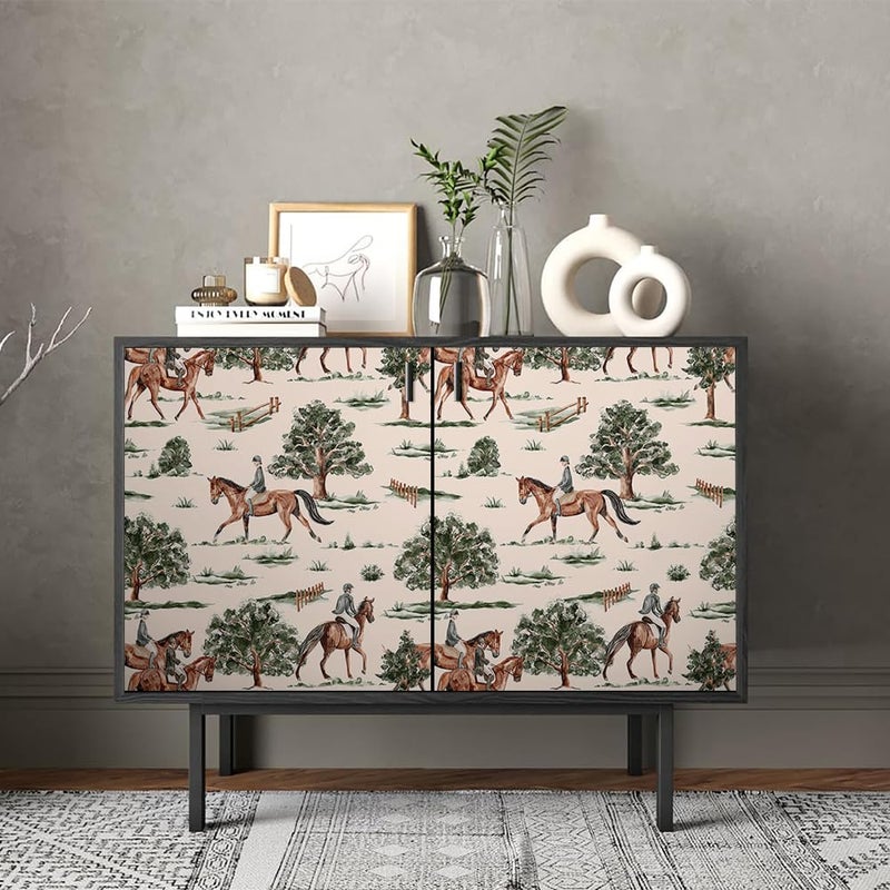 REDAMANCY Boho Modern Equestrian Painting Art Green Tree Horse Vintage Peel and Stick Wallpaper Stick on Contact Paper Vintage Wall Paper Easy Peel Off for nightstand Drawer Cabinet Renter - Image 4