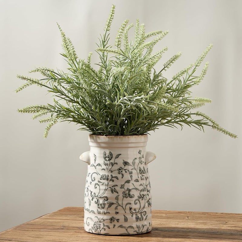 SIDUCAL Salt mist resistant Ceramic Gray and White Vase with 2-Ear, 8 Inch Ice Cracked Vintage Pastoral Vase, Rustic Farmhouse Vases for Home Decor, Table, Living Room, Shelf Decor, Chinoiserie Decor, Gray Floral Pattern Care processed raw material - Image 1
