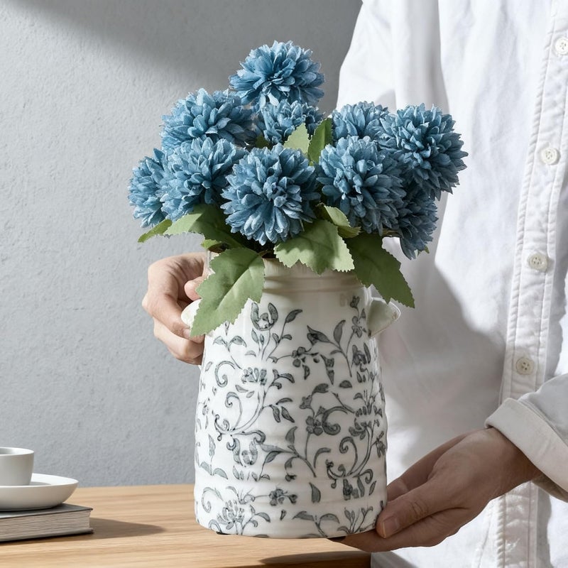 SIDUCAL Salt mist resistant Ceramic Gray and White Vase with 2-Ear, 8 Inch Ice Cracked Vintage Pastoral Vase, Rustic Farmhouse Vases for Home Decor, Table, Living Room, Shelf Decor, Chinoiserie Decor, Gray Floral Pattern Care processed raw material - Image 4