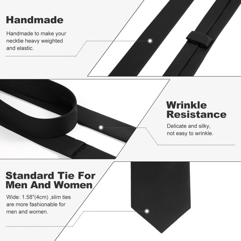 Puistr Skinny Ties Black Ties For Men and Women Solid Pure Color 1.58" (4CM) Plain Formal Slim Neckties - Image 3