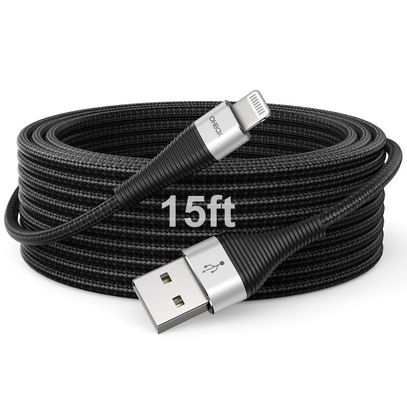 ohbox Extra Long iPhone Charger Cord 15FT [Apple MFi Certified] USB A to Lightning Cable Braided Fast Charging Cord Compatible with iPhone 14 Pro Max/Plus/13/12/11/X/XR/XS/SE/8/7/6/5/iPad - Black - Image 1
