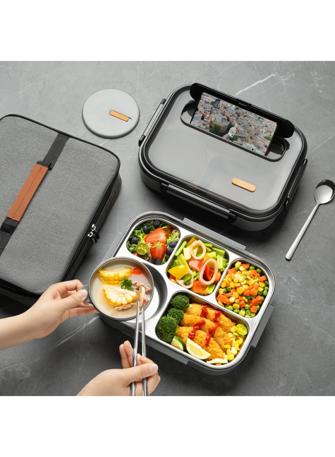Tafuco Lunch Box, 304 Stainless Steel, Five-compartment Tray, Heat-resistant, Student Bento Box, With Utensils, Insulated Bag, 2l, T5216n, Brown - Image 1