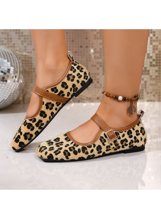 European And American Leopard Print Metal Buckle Flats Mary Jane Shoes For Women New Square Toe Shallow Mouth Four-season Work Shoes