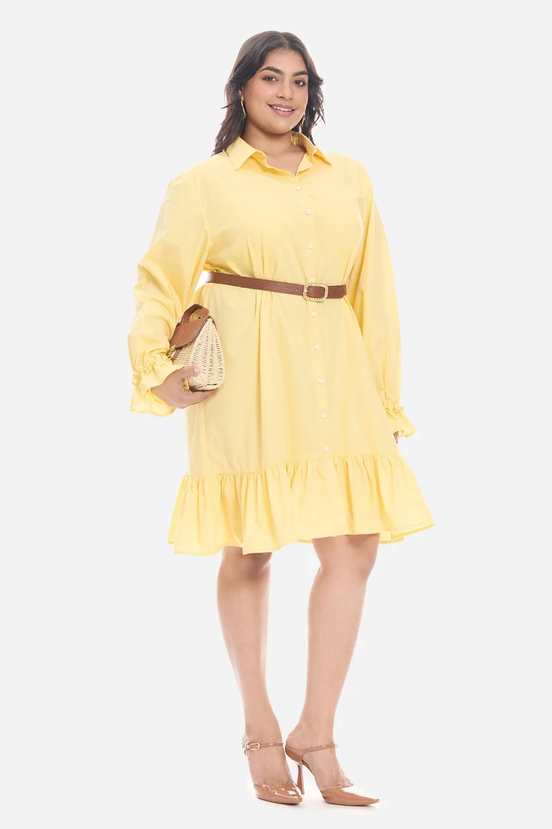 فيرجيو Solid Cotton Mini Shirt Plus Size Dress With Ruffle for Women