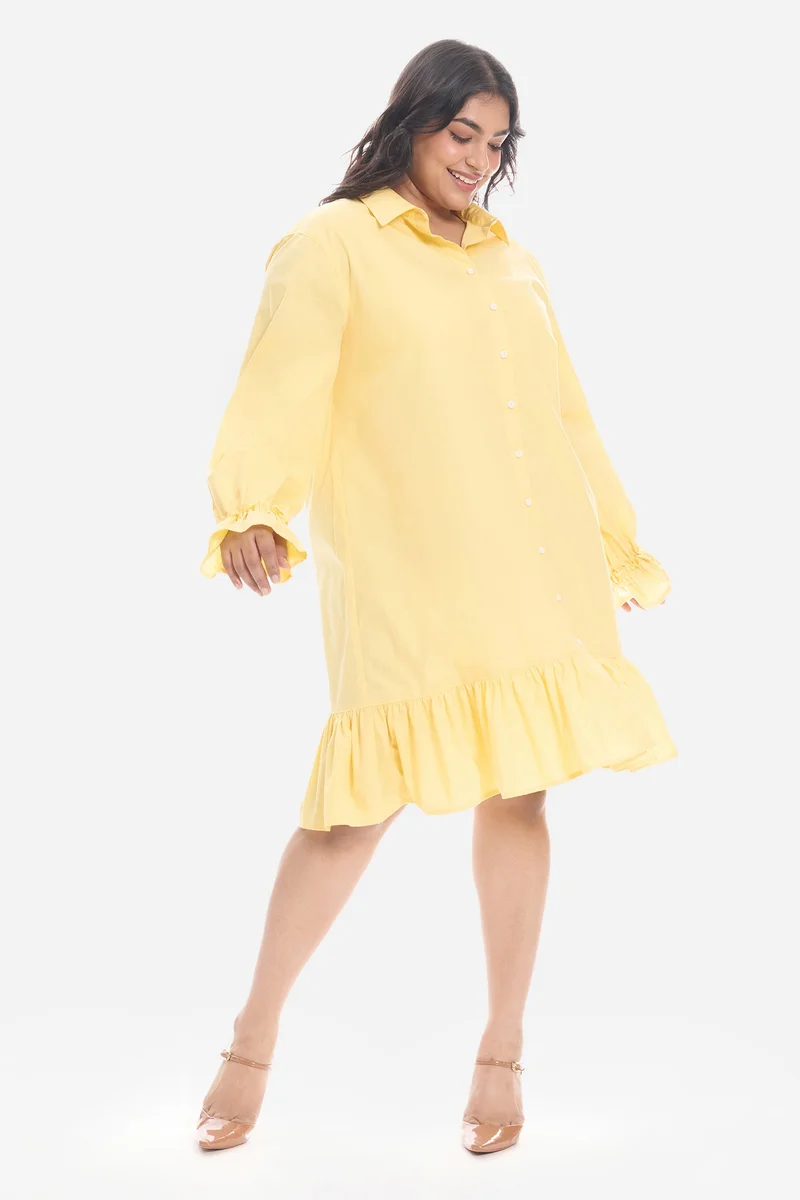 فيرجيو Solid Cotton Mini Shirt Plus Size Dress With Ruffle for Women