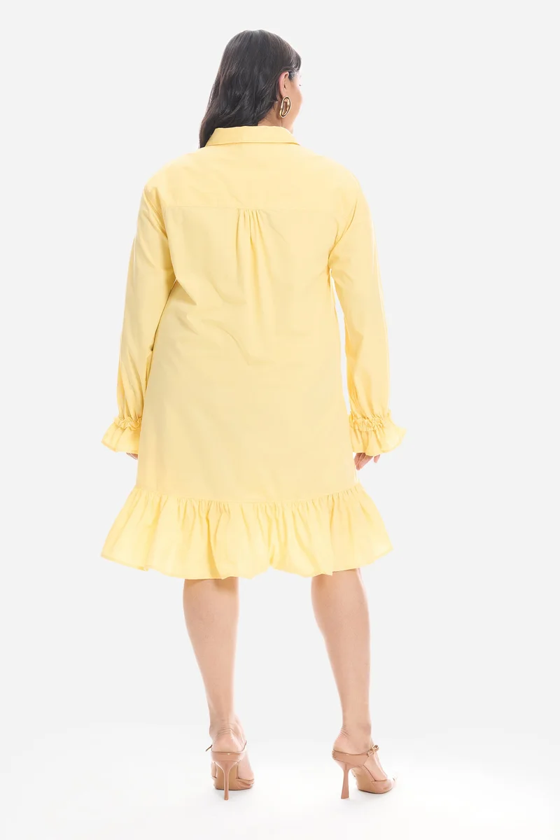 Virgio Yellow Solid Cotton Mini Shirt Plus Size Dress With Ruffle for Women for Women | Best Price UAE