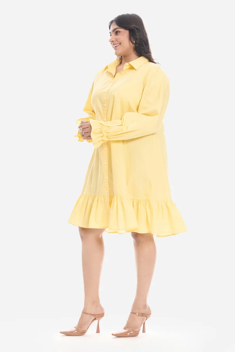 Virgio Yellow Solid Cotton Mini Shirt Plus Size Dress With Ruffle for Women for Women | Best Price UAE