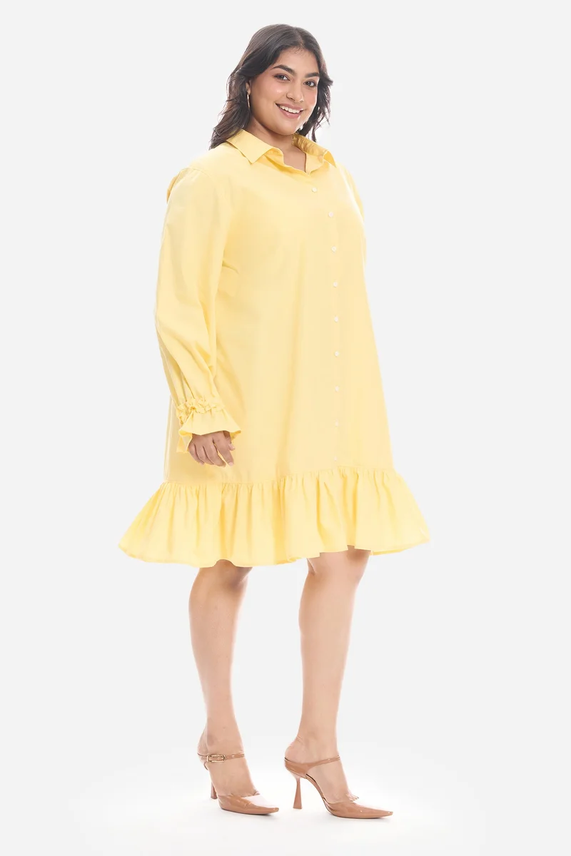 Virgio Yellow Solid Cotton Mini Shirt Plus Size Dress With Ruffle for Women for Women | Best Price UAE