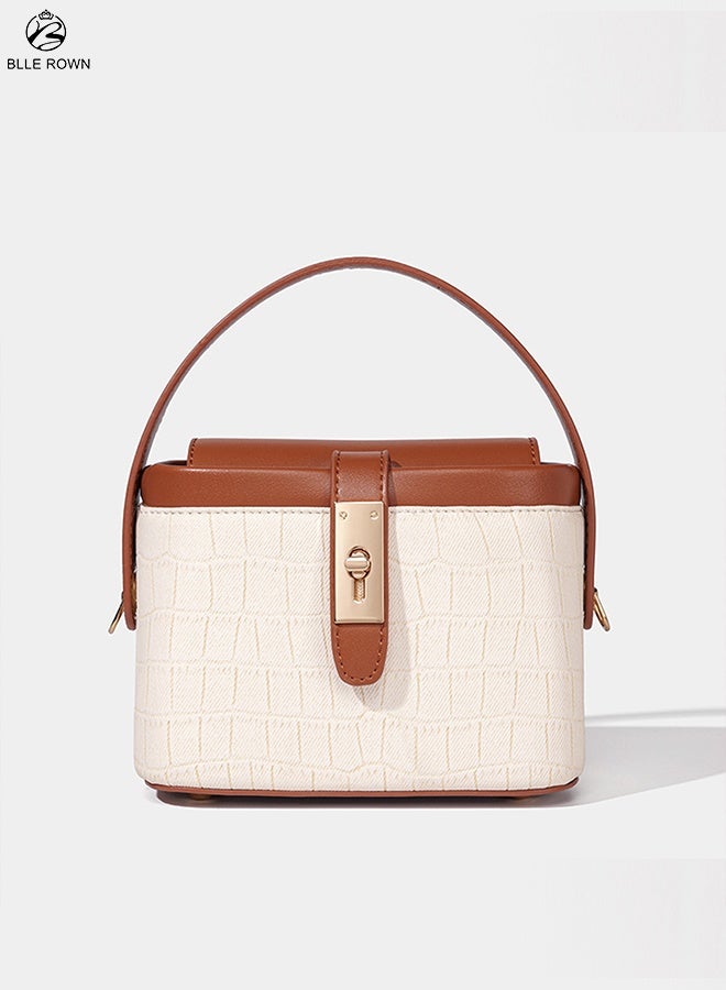 بليه روان حقيبة يد نسائية ذات نسيج تمساح بملمس تمساح نسائي حقيبة يد علوية ذات مقبض بني ولون أبيض متباين حقيبة كتف جلدية كلاسيكية للسيدات - Image 2