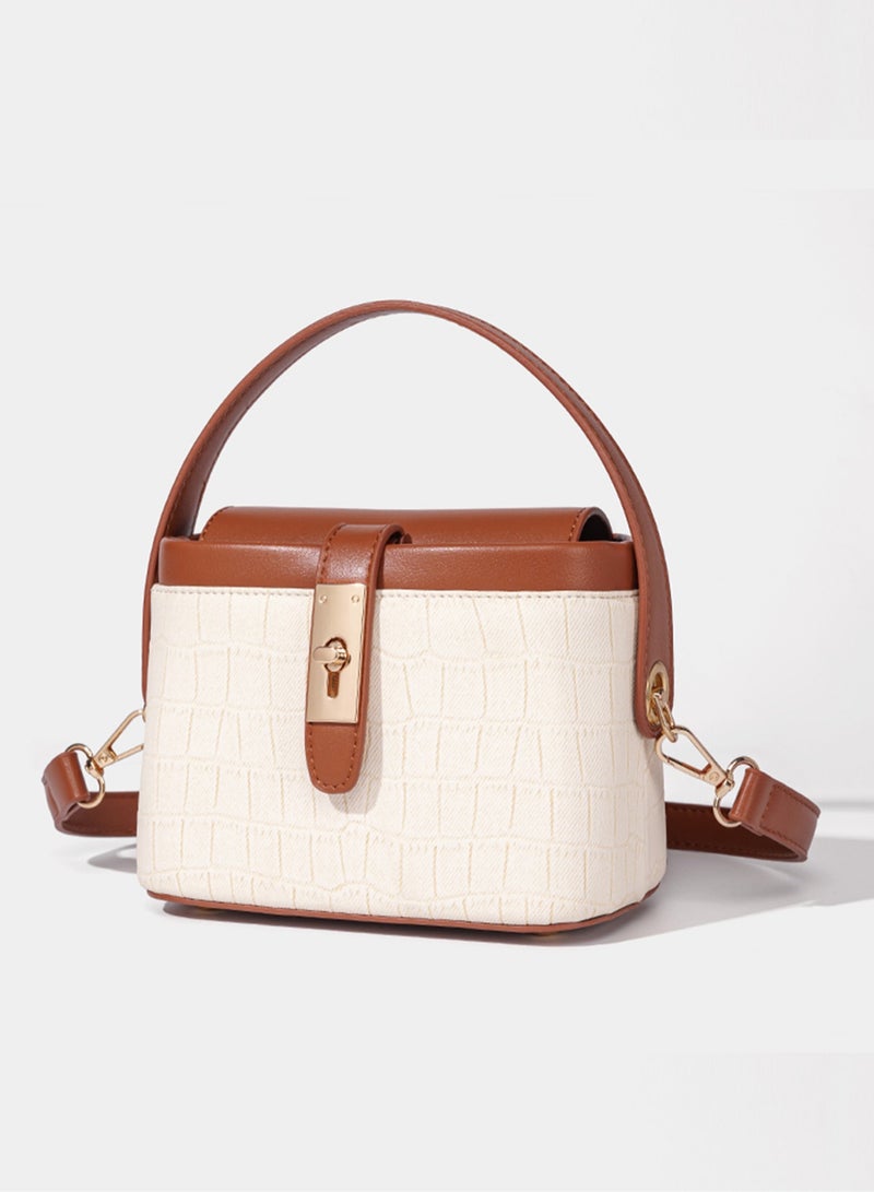 بليه روان حقيبة يد نسائية ذات نسيج تمساح بملمس تمساح نسائي حقيبة يد علوية ذات مقبض بني ولون أبيض متباين حقيبة كتف جلدية كلاسيكية للسيدات - Image 4