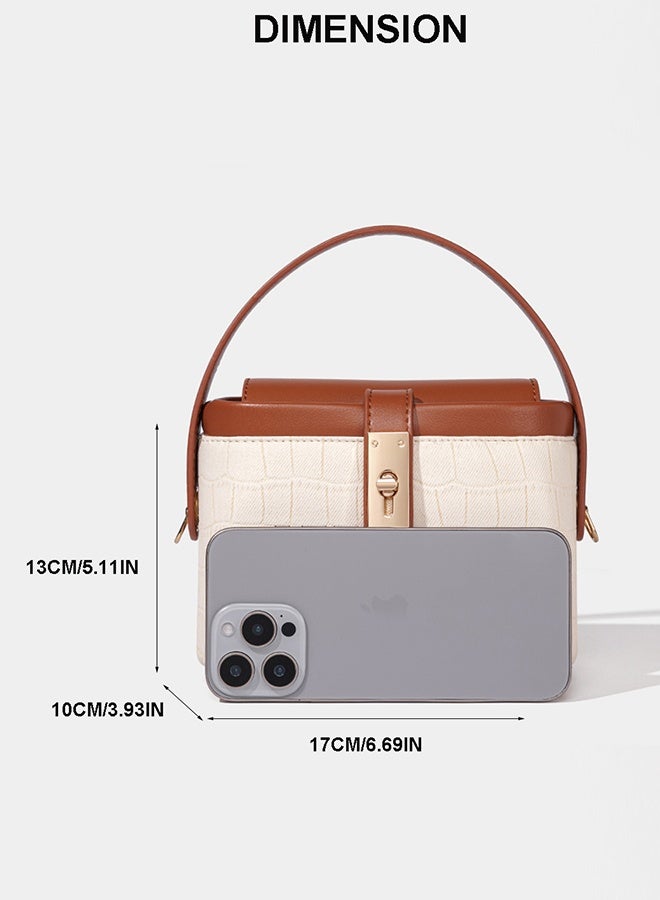 بليه روان حقيبة يد نسائية ذات نسيج تمساح بملمس تمساح نسائي حقيبة يد علوية ذات مقبض بني ولون أبيض متباين حقيبة كتف جلدية كلاسيكية للسيدات - Image 5