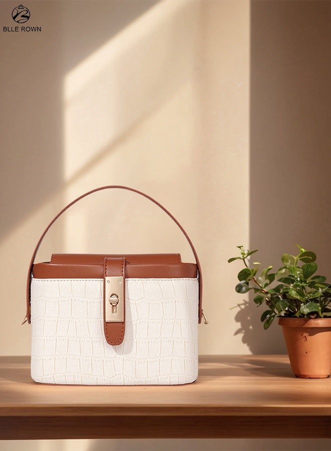 بليه روان حقيبة يد نسائية ذات نسيج تمساح بملمس تمساح نسائي حقيبة يد علوية ذات مقبض بني ولون أبيض متباين حقيبة كتف جلدية كلاسيكية للسيدات - Image 1