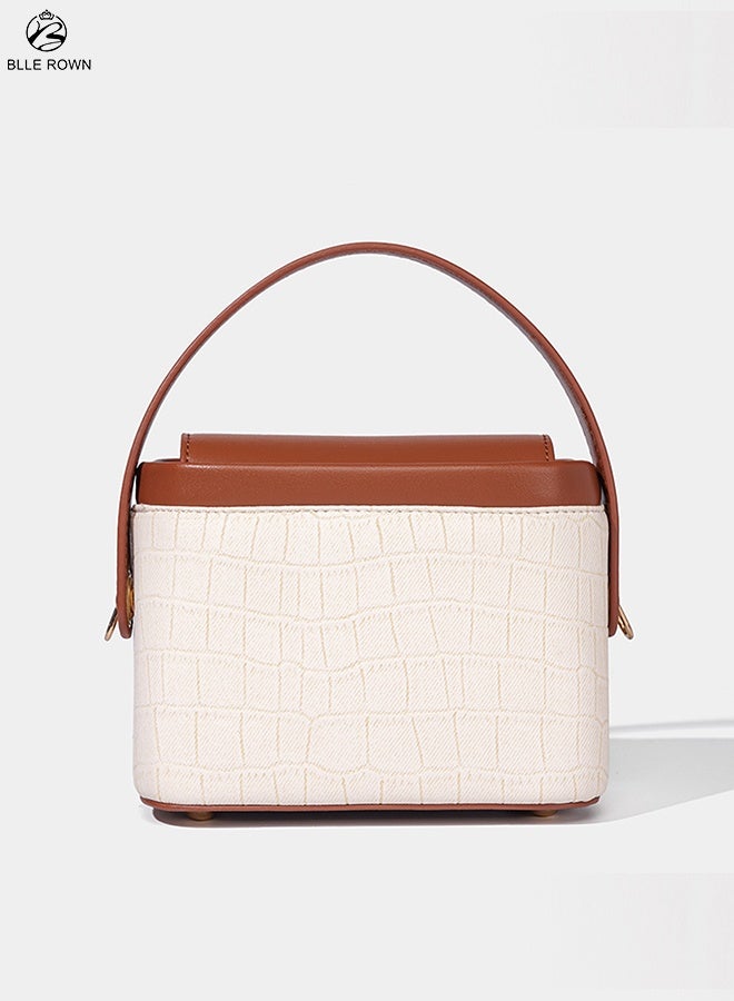بليه روان حقيبة يد نسائية ذات نسيج تمساح بملمس تمساح نسائي حقيبة يد علوية ذات مقبض بني ولون أبيض متباين حقيبة كتف جلدية كلاسيكية للسيدات - Image 3