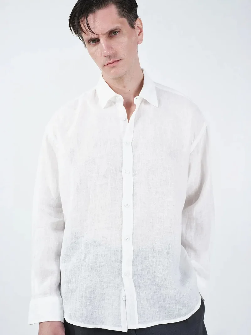 Giesto White GIESTO Oversized Linen Button-Up Shirt for Men | Best Price UAE