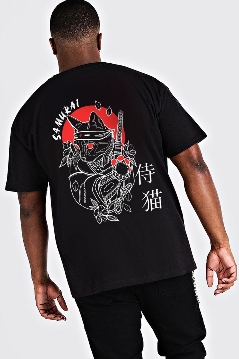 Cat Samurai Black Short Sleeve Back Printed Men's Oversize T-Shirt