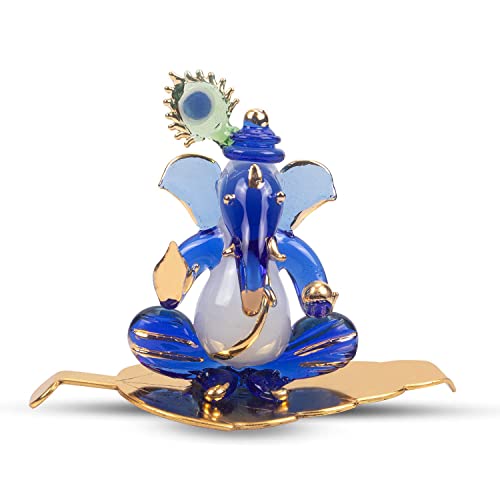 iCraft God Ganesh Sitting with Leaf Statue (Murti) Idol Showpiece Handmade of Crystal Glass for Worship, Decoration, Car Dashboard, Gift (Golden Leaf), Small - Image 1