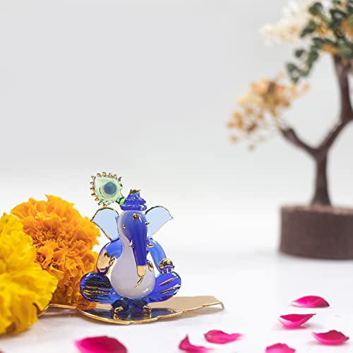 iCraft God Ganesh Sitting with Leaf Statue (Murti) Idol Showpiece Handmade of Crystal Glass for Worship, Decoration, Car Dashboard, Gift (Golden Leaf), Small - Image 3