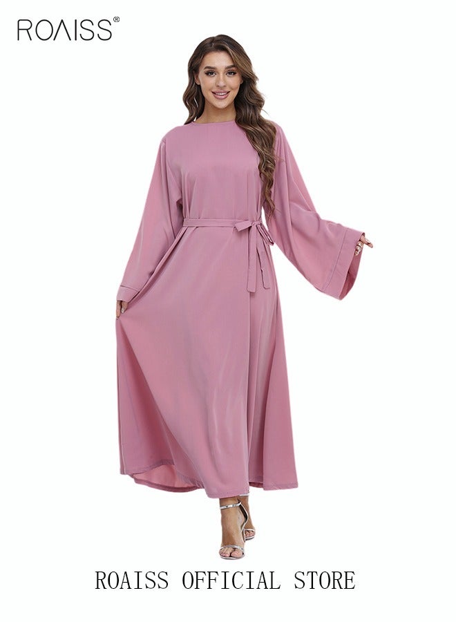 roaiss Maxi Dress for Women Solid Color Long Sleeve Dress Round Neck Casual Plus Size Loose Long Dresses Flared Sleeve Lace-up Long Dress with Waist Belt for Fall Winter Pink  - Image 1