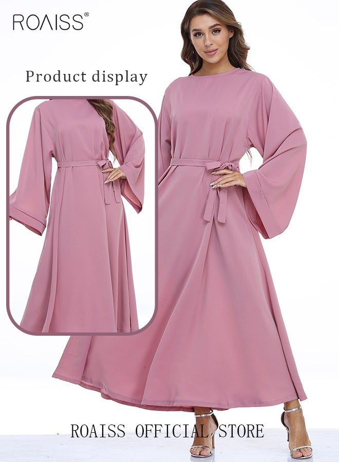roaiss Maxi Dress for Women Solid Color Long Sleeve Dress Round Neck Casual Plus Size Loose Long Dresses Flared Sleeve Lace-up Long Dress with Waist Belt for Fall Winter Pink  - Image 4