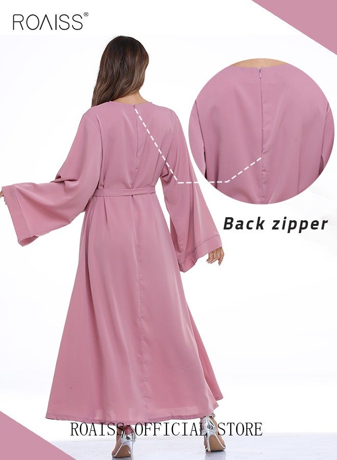 roaiss Maxi Dress for Women Solid Color Long Sleeve Dress Round Neck Casual Plus Size Loose Long Dresses Flared Sleeve Lace-up Long Dress with Waist Belt for Fall Winter Pink  - Image 5